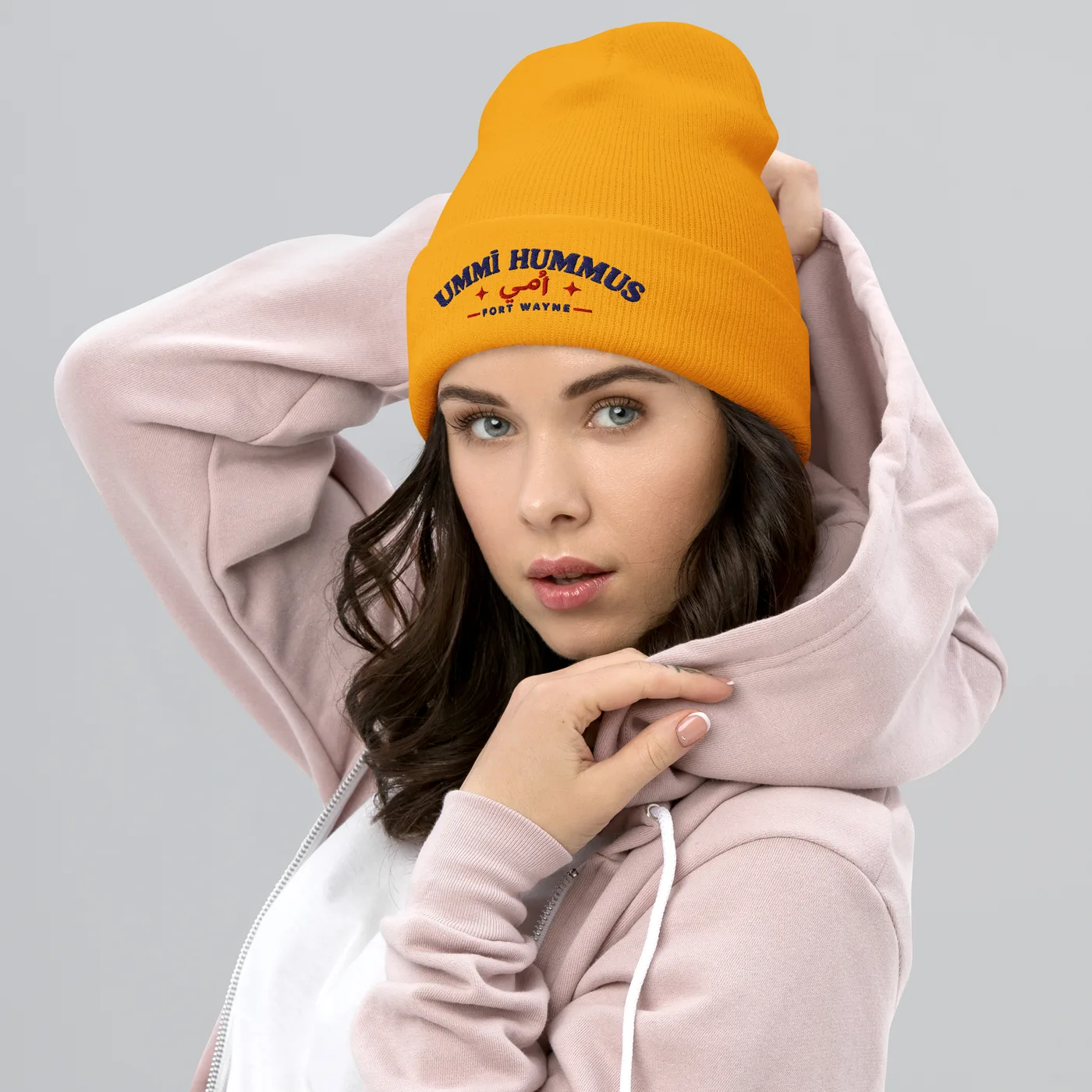 Ummī Hummus Cuffed Beanie mockup 3