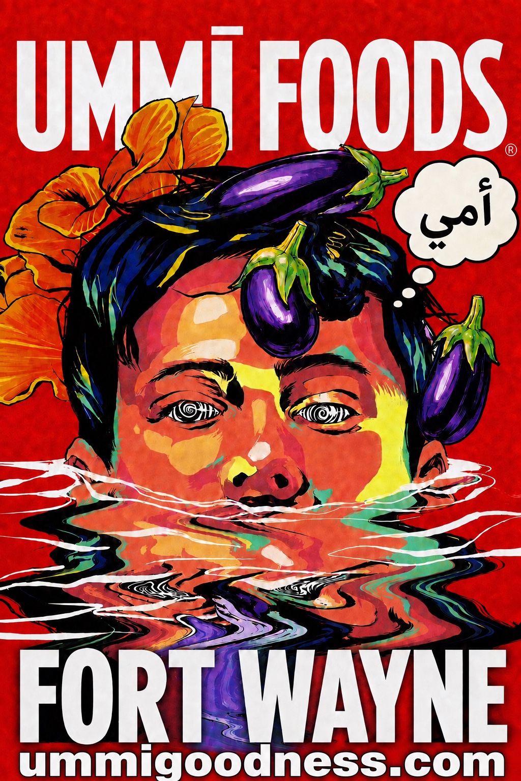 UMMI Foods poster artwork with bold red background, illustrated portrait, eggplants, and Fort Wayne branding.