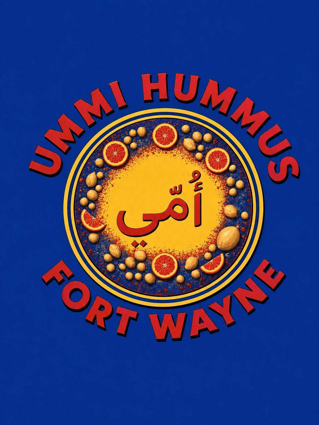 UMMI Hummus Fort Wayne logo in cobalt blue, red, and gold.